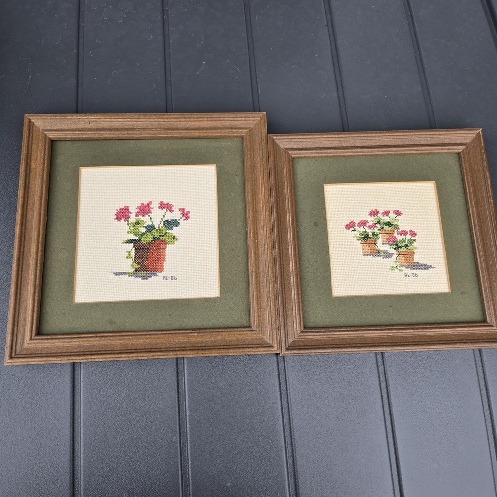 Vintage Geraniums Cross Stitch Framed Picture Art Decor Floral. Lot Of 2